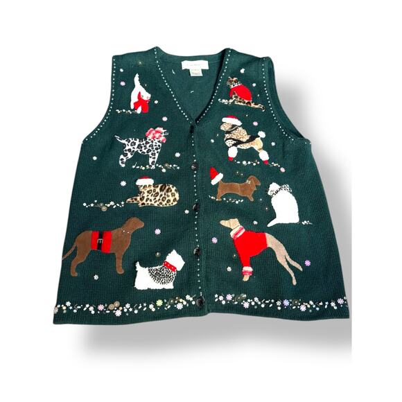 Vintage Sweaters - Susan Bristol Hand Embroidered Green Dog Holiday Knit Sweater Vest Large Festive